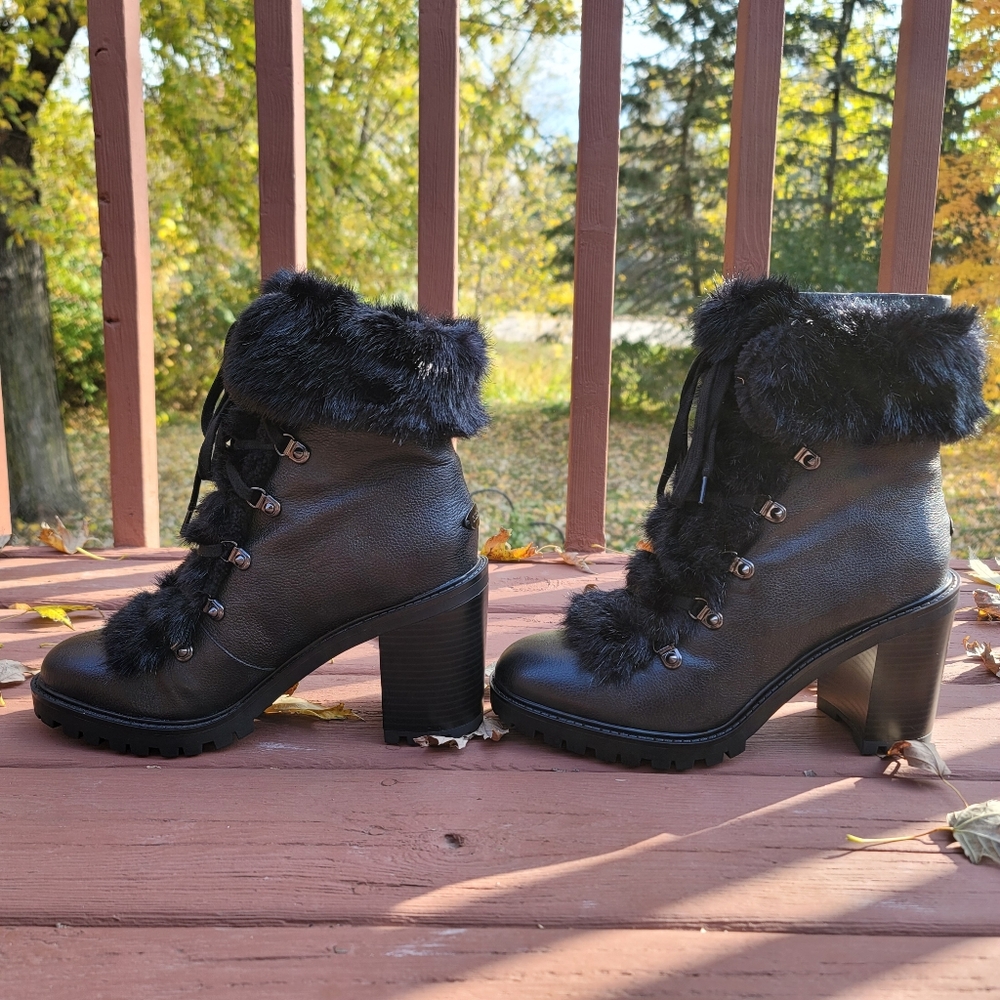 Guess Galway Chunky Heel Lace Up Combat Boots w/ Faux Fur & Real Leather, SZ 10